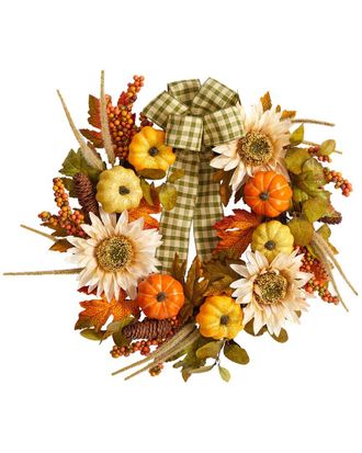 Nearly Natural 24In. Fall Pumpkin, Sunflower Artificial Autumn Wreath