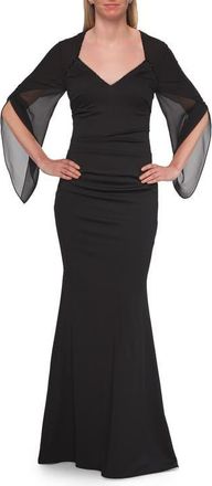La Femme V-Neck Gown with Sheer Flutter Sleeves in Black at Nordstrom, Size 20
