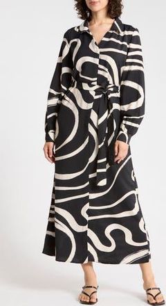 b.young Long Sleeve Print Shirtdress in Black Mix at Nordstrom Rack, Size 10 Us / 42 Eu