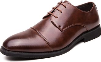 Generic Oxford Dress Shoes for Men Lace Up Cap Toe Round Toe Derby Shoes PU Leather Rubber Sole Resistant Non Slip Anti-Slip Wedding(Brown,10.5 UK)