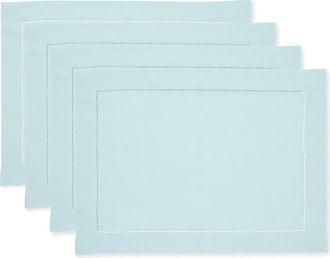 Solino Home Linen Placemats Set of 4, 14 x 19 Inch for Dining Table, Holiday and Everyday Table Decor - Classic Hemstitch in Aqua Blue at Nordstrom