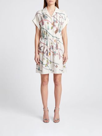 Versace Abito chemisier mini in twill di seta con stampa grafica e vita arricciata