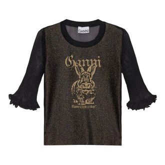 Ganni Tops, Dames, Zwart, S, Jacquard Ruffle Top Rechte Zoom