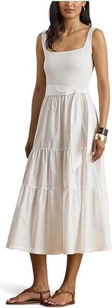 Lauren Ralph Lauren Belted Jersey Broadcloth Tiered Dress Womens Dress White : MD, Cotton/Elastane/Polyester