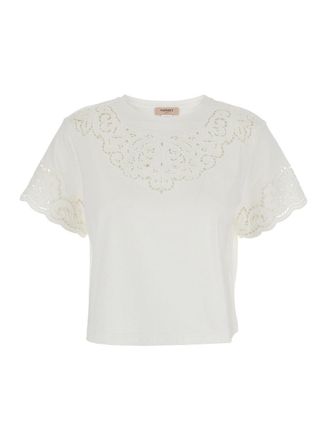 Twin-Set Cropped White Top with Intricate Lace Cut-Out Detailing