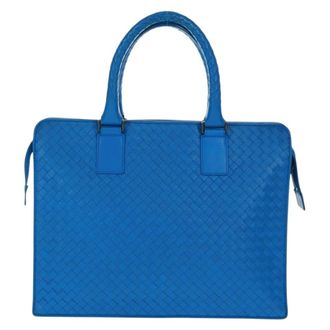 Bottega Veneta Top Zip Briefcase Intrecciato Nappa Blue Leather Briefcase Bag (Pre-Owned)