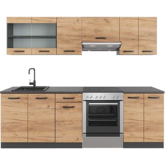 Vicco Mueble de cocina Raul, Oro power roble/antracita, 240 cm, et Negro estampado