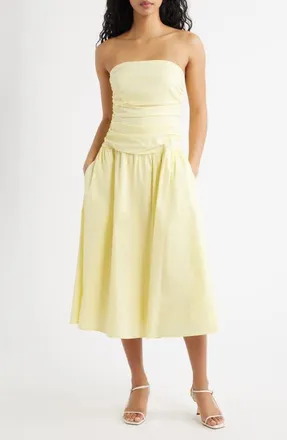 Lulus Molly Ruched Bodice Strapless A-Line Midi Dress in Butter Yellow at Nordstrom, Size X-Large