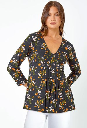Roman Floral Print V-Neck Tunic Swing Stretch Top