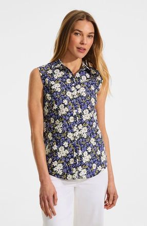Lands End Sleeveless No Iron Shirt in Deep Sea Spring Floral at Nordstrom, Size Medium P
