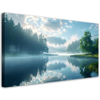 Feeby Cuadro Sobre Lienzo, Paisaje Lago Monta&ntilde;as Niebla Naturaleza, 120x60