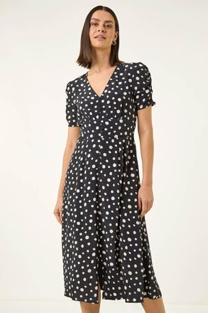 Roman Polka Dot Ruched Sleeve Midi Dress