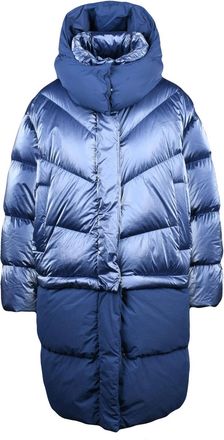 Add Metallic-Finish Oversized Down Jacket with Detachable Hood