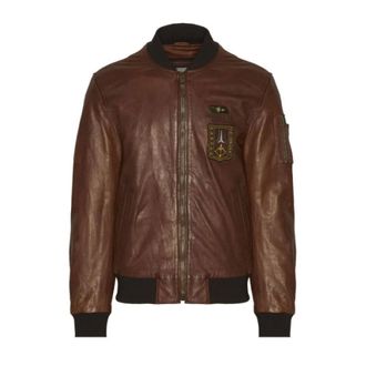 Aeronautica Leren Bomberjack met Geribde Afwerkingen - Heren - Leren en Su&egrave;de Jassen - Bruin - 2XL - Katoen - Jassen