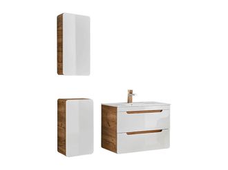 Vente-Unique Mueble de ba&ntilde;o suspendido con lavabo encastrable y dos columnas - 80 cm - Color natural y blanco ARUBA