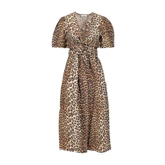 Ganni Midi Dresses, female, Multicolor, Size: XS Leopard Printed Cotton Tie Strap Midi Dress