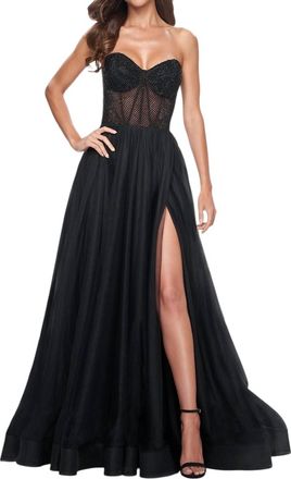 La Femme Tulle A-Line Fishnet Prom Dress In Black
