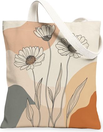 Generic Spring Calendula Flower Canvas Tote Bag for Shopping 13x15, Retro Mid Century Florals Reusable Grocery Print Pattern Bag for Women, Fun Funky Beach Ae