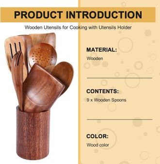 OEM Juego De 9 Utensilios De Madera De Olivo: Esp&aacute;tula Para Wok, Reposacucharas, Tenedor De Ensalada, Etc