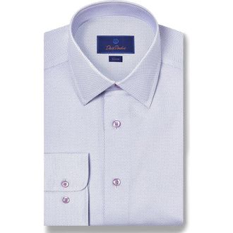David Donahue Slim Fit Micro Print Cotton Dress Shirt in White/Purple at Nordstrom, Size 15 - 34