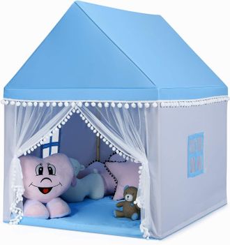 Costway Tenda Da Gioco Casetta Per Bambini, Castello Giocattolo Tenda, Legno Cotone, 120x105x140 Cm (azzurro)