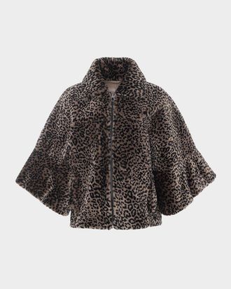 Gorski Leopard-Print Shearling Lamb Zip Jacket With Cropped Sleeves