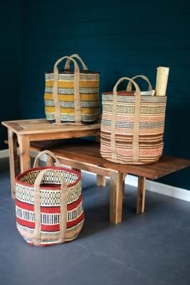 Ashley Set of Three Multi Colored Woven Jute Baskets with Handles, Brown/Beige