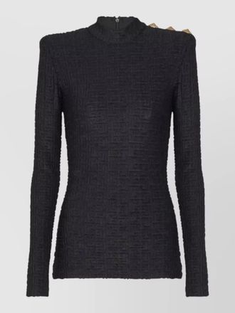 Balmain monogram knit top high neck buttons