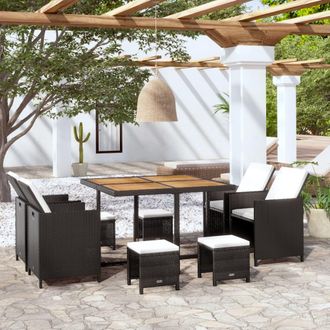 vidaXL Vidaxl - Set Comedor De Jard&iacute;n 9 Pzas Rat&aacute;n Sint&eacute;tico Y Madera Negro