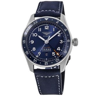 Longines Spirit Zulu Time Blue Dial Leather Strap Mens Watch