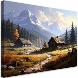 Feeby Cuadro En Lienzo Paisaje De Monta&ntilde;a Casitas Naturaleza 100x70
