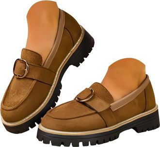 Generic Womens Platform Loafers Lug Sole Chunky Heels Loafer Comfortable Slip On Business Casual Shoes Womens Round Toe Orthopedic Shoes Buckle Lightweight Wa