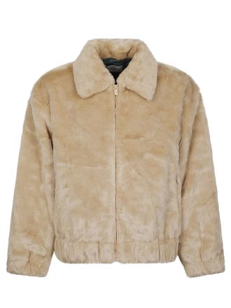 Dr&ocirc;le de Monsieur Slogan Cropped Embroidered Faux Fur Jacket