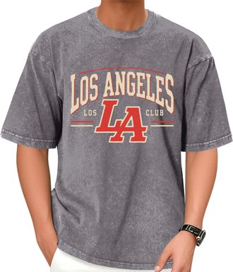 Generic Graphic Tees Men Vintage,Round Neck Retro Los Angeles Print T Shirts - Loose Fit Cotton Clothes Fashion Daily Wear Gray XL