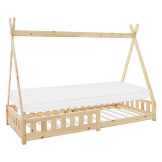 ML Design Ml-design - Cama Infantil Tipi Natural Con Colch&oacute;n De Espuma Fr&iacute;a 90x200 Cm Protecci&oacute;n Antica&iacute;da Somier Estructura Listones De Madera Maciza De Pino P
