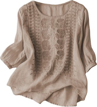 Generic Bohemian Embroidery Cotton Linen Mexican Round Neck Tops Womens Summer Boho Shirts Hippie Peasant Half Sleeves Casual Blouses Tunic Loose T Shirt Top 