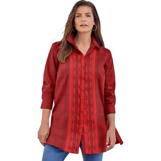 Roaman's Kate Long-Sleeve Crisp Cotton-Blend Button-Front Tunic in Red Black Stripe at Nordstrom, Size 40