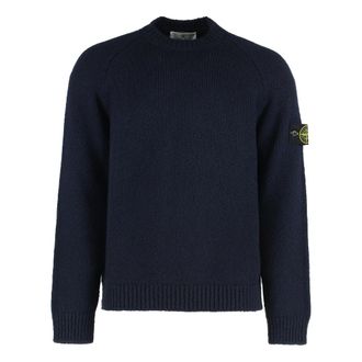 Stone Island Round-neck Knitwear, male, Blue, Size: M Fancy Yarn Mouliné Wool Sweater