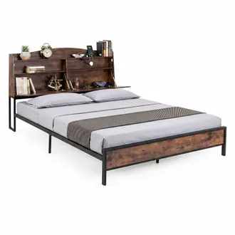 Costway Costway King Size Bed Frame w/Charging Station Industrial Metal Platform Bed in Brown