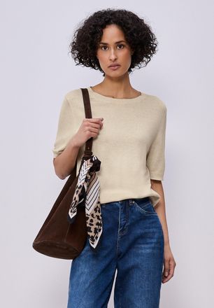 Street One Kurzarmpullover STREET ONE, Damen, Gr. 38, smoke beige meliert, Strick, Obermaterial: 60% Viskose, 40% Baumwolle, normal h&uuml;ftbedeckend, Rundhals, B&uuml;nd