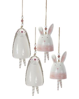 Melrose International Set Of 4 Blush Bunny & Hedgehog Bell Hanging Garden Accent