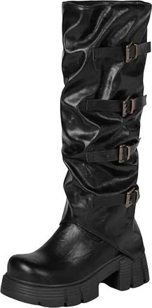 Generic Womens Gothic Knee High Boots Round Toe High Chunky Heel Platform With Slip On Design And Multiple Buckle Straps