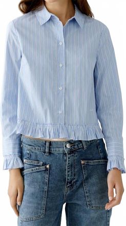 Oui Ruffled Sleeve And Hem Blouse In Light Blue, White