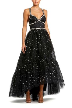 Mac Duggal Pearl Beaded High Low Gown in Black Ivory at Nordstrom, Size 10