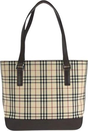 Burberry Pre-owned Cotton Canvas Leather Tote Bag - Dames - Vintage Schoudertas - Beige - ONE Size - Katoen - Vintage