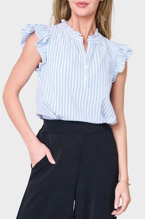 Gibsonlook Florence Ruffle Blouse In Sky Blue Stripe