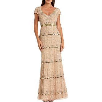 Mac Duggal Petite Beaded Sweetheart Cap Sleeve Tiered Gown in Nude at Nordstrom, Size 10P