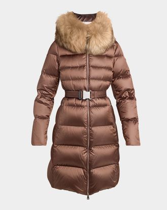 Moncler Leersie Hooded Shearling-Trimmed Long Down Jacket