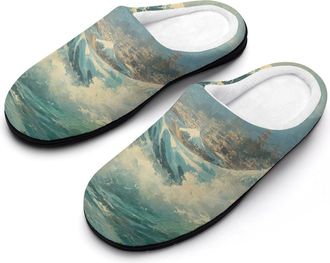 Generic Vintage Japanese Wave Mount Architecture Slippers Men Winter Warm Cotton Anti-Slip Indoor Slip-Ons House Shoes