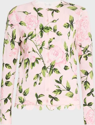 Oscar De La Renta English Rose Printed Crewneck Cardigan With Scalloped Trim